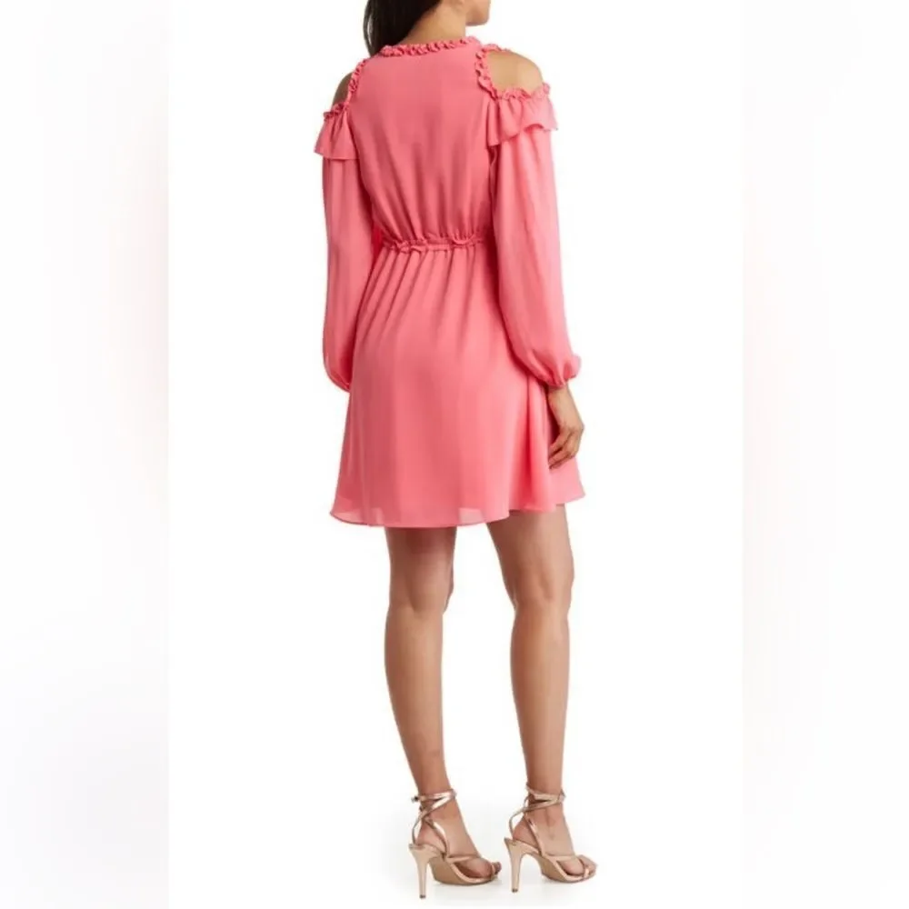 Nicole Miller Cold Shoulder Ruffle Long Sleeve Pink Dress Size 8 New - Picture 3 of 4
